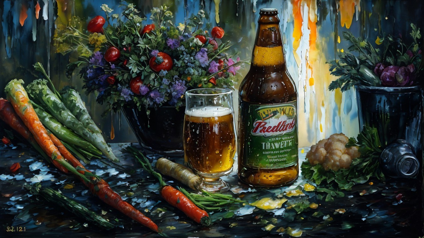 Vibrant Still Life with Beer, Vegetables, and Flowers
