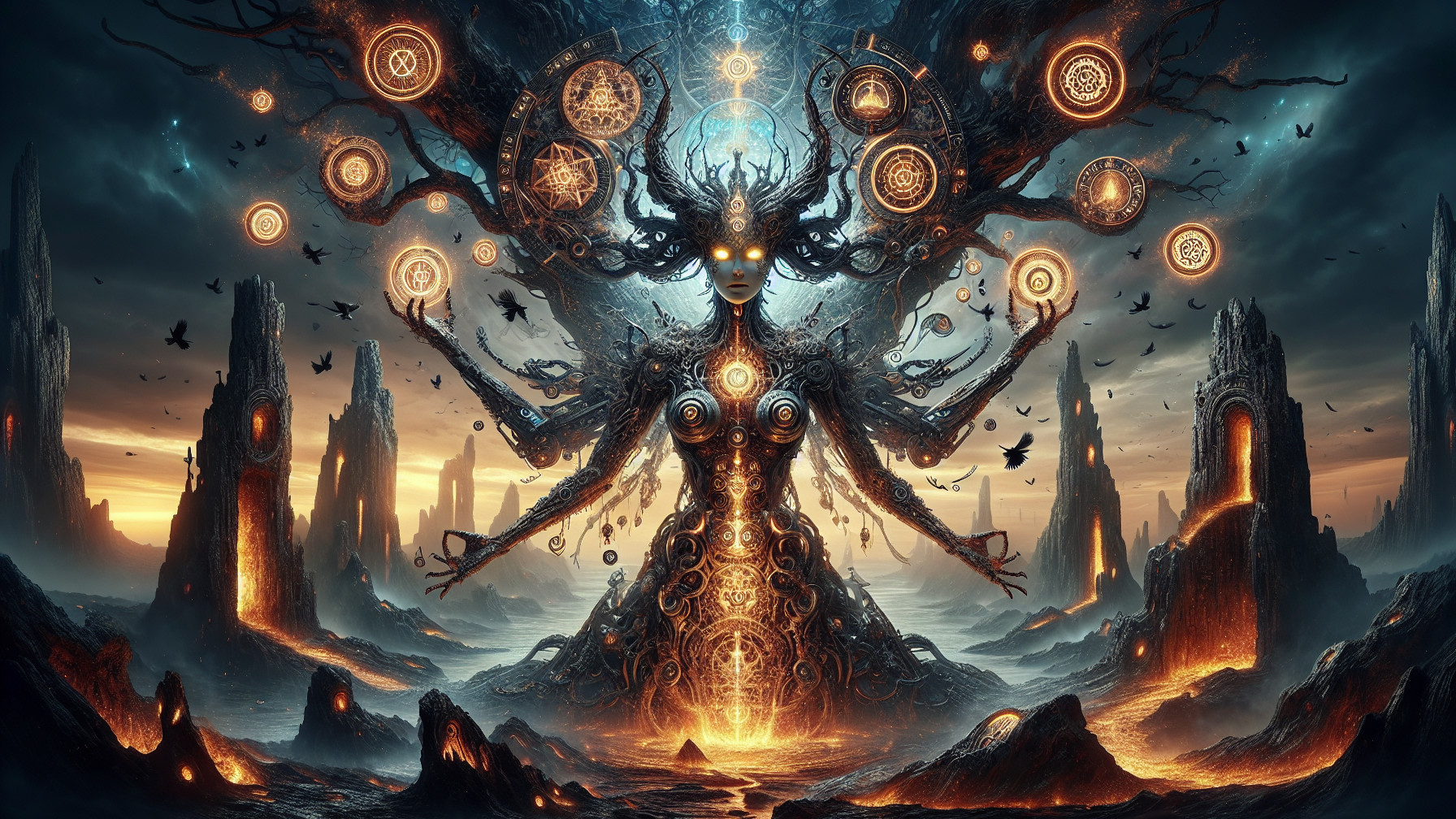 Majestic figure in surreal landscape with glowing symbols