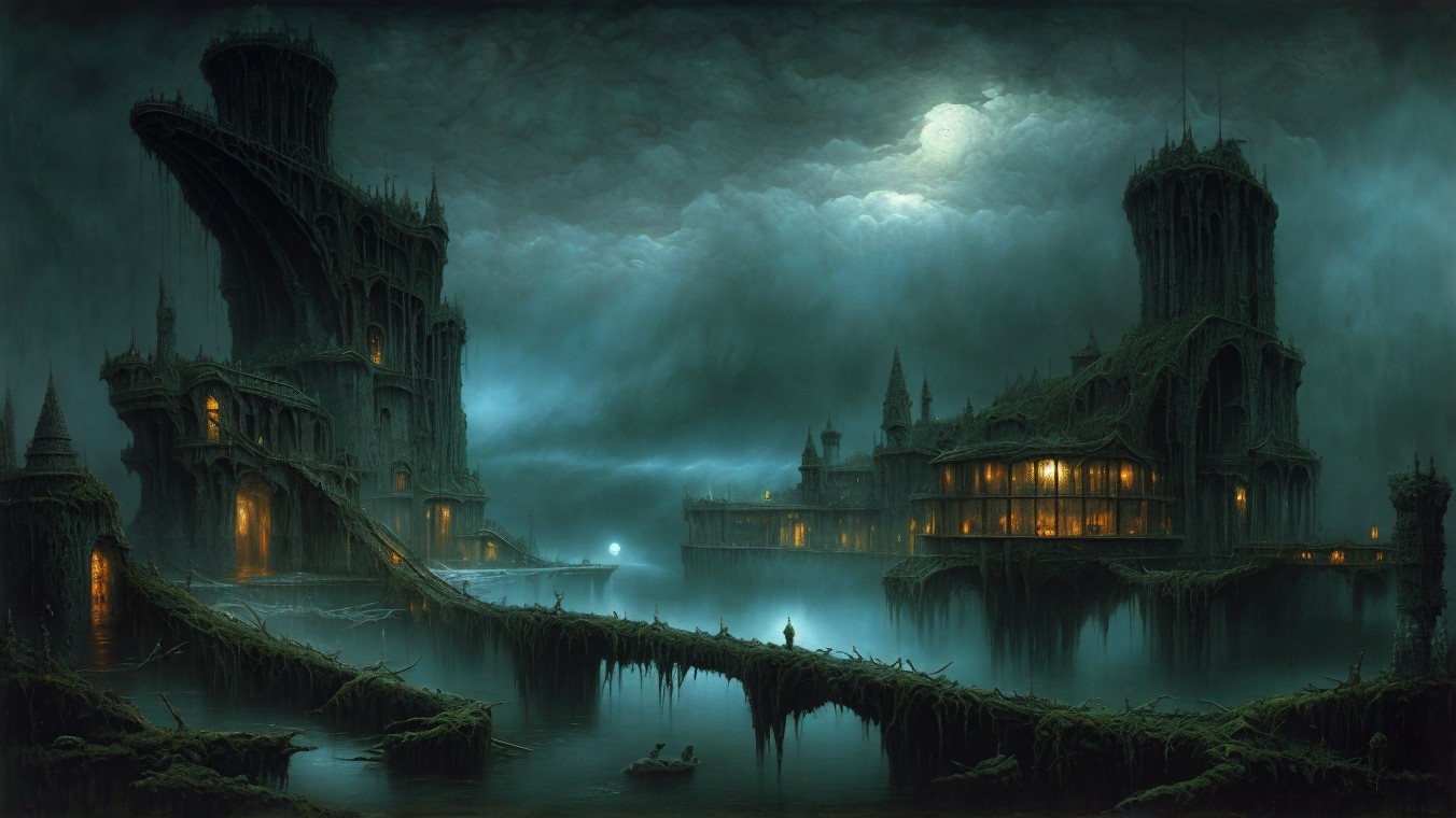 Dreamlike Landscape with Twisted Structures and Moonlight