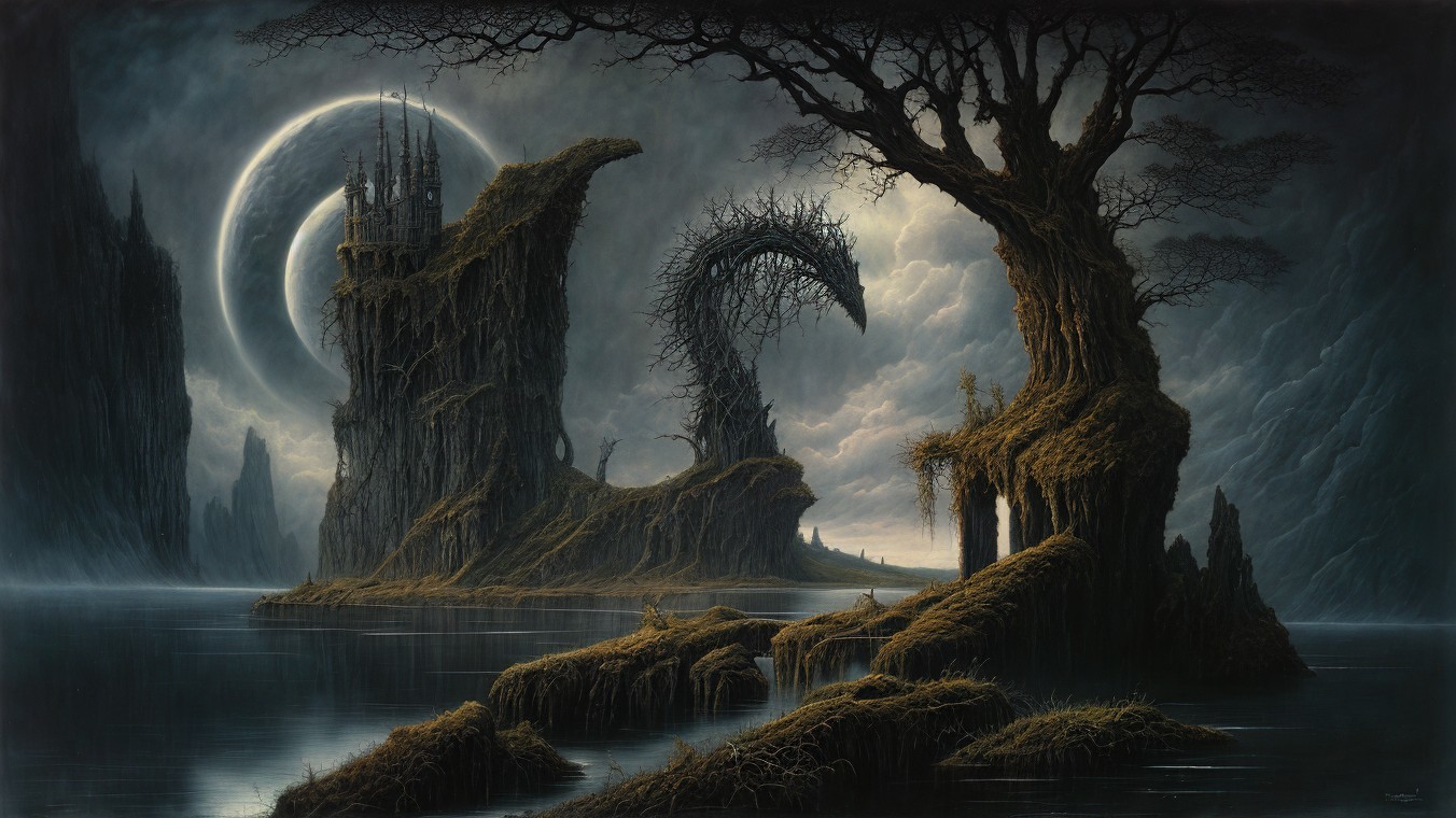 Twisted Dragon Figure in Enchanted Landscape Scene