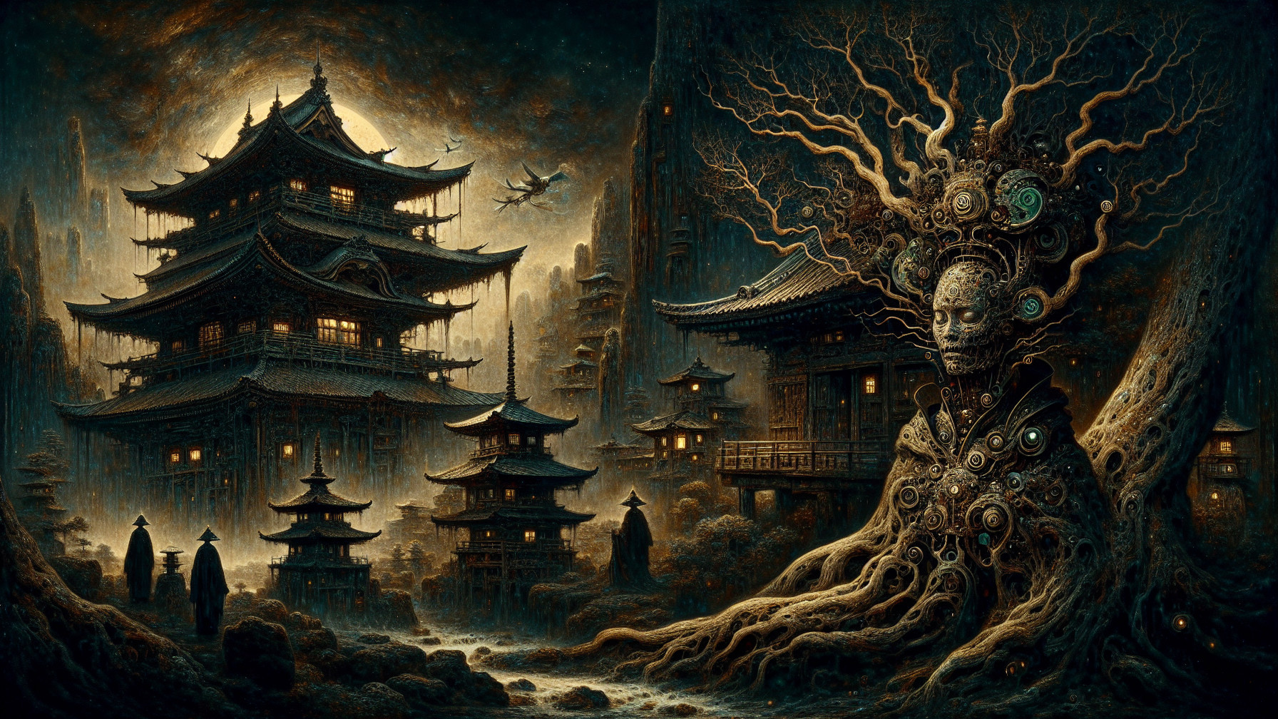 Mystical Landscape with Pagodas and Colossal Figure