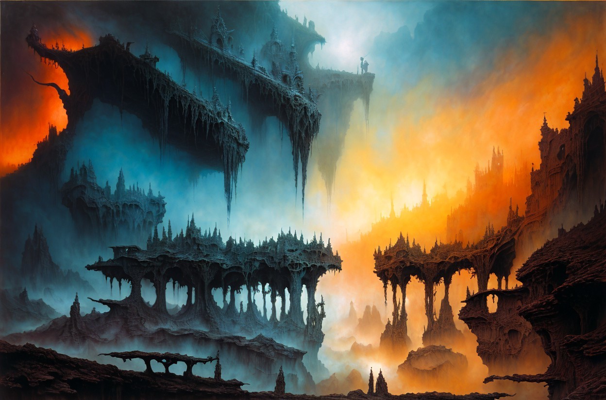 Surreal Landscape with Jagged Rocks and Floating Islands