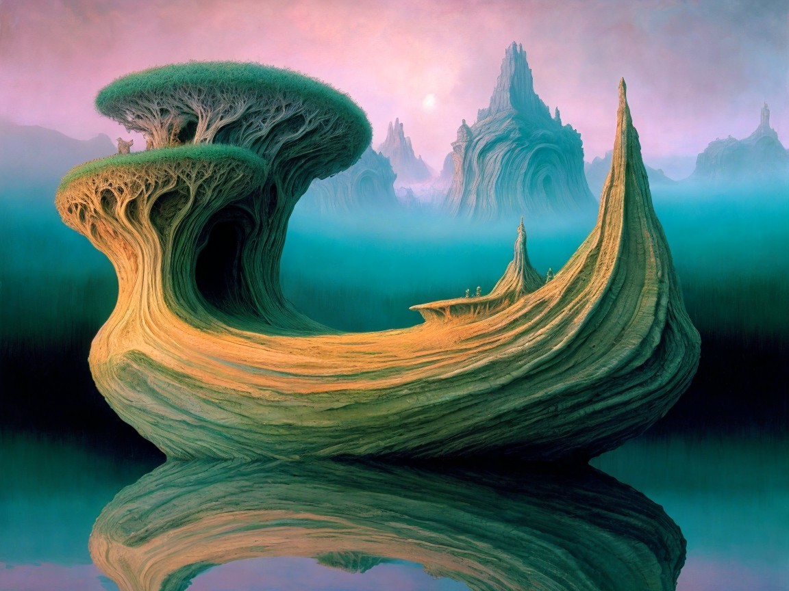 Surreal Island Landscape with Mystical Mountains