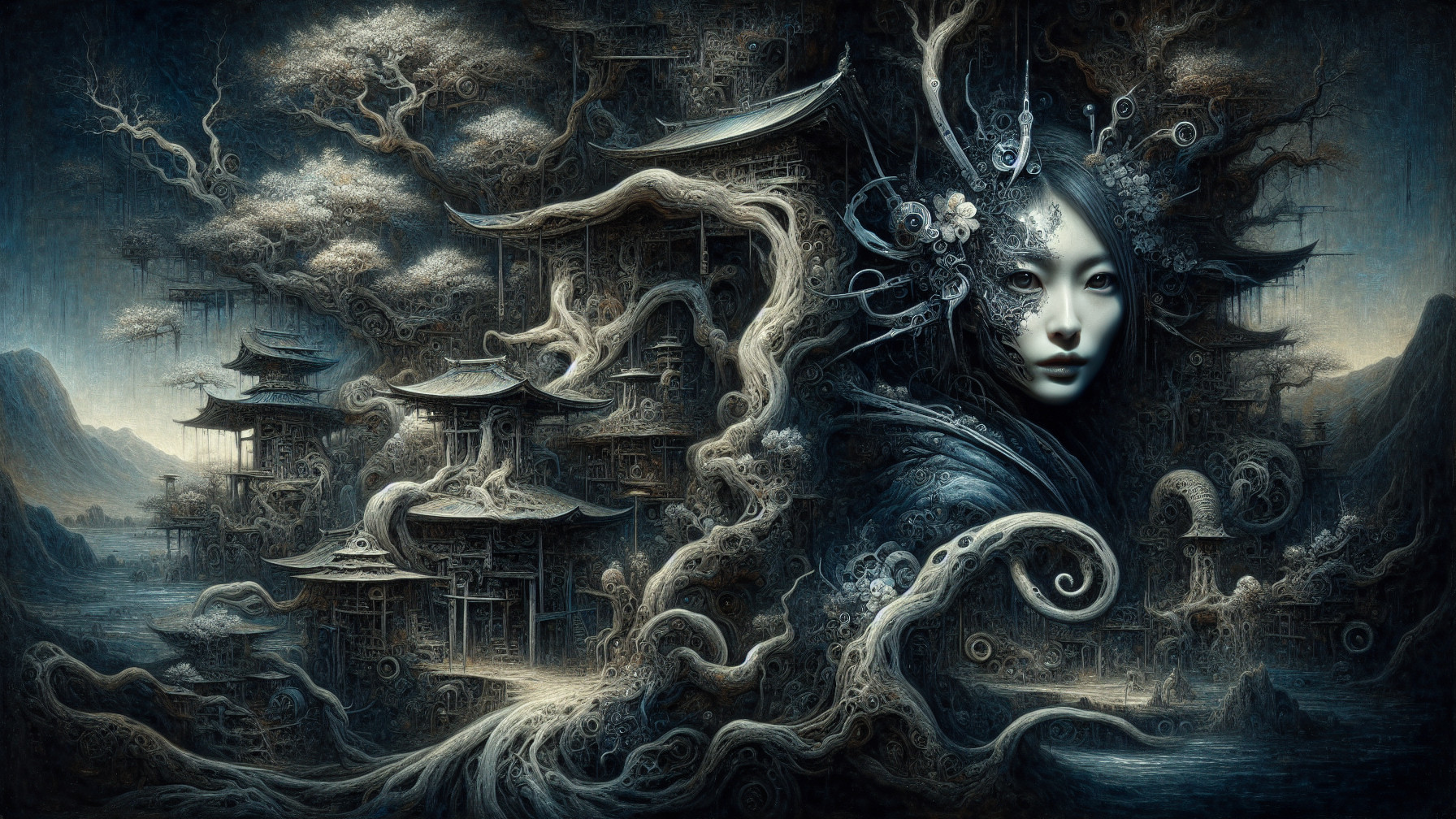 Ethereal Landscape with Nature and Architecture Elements