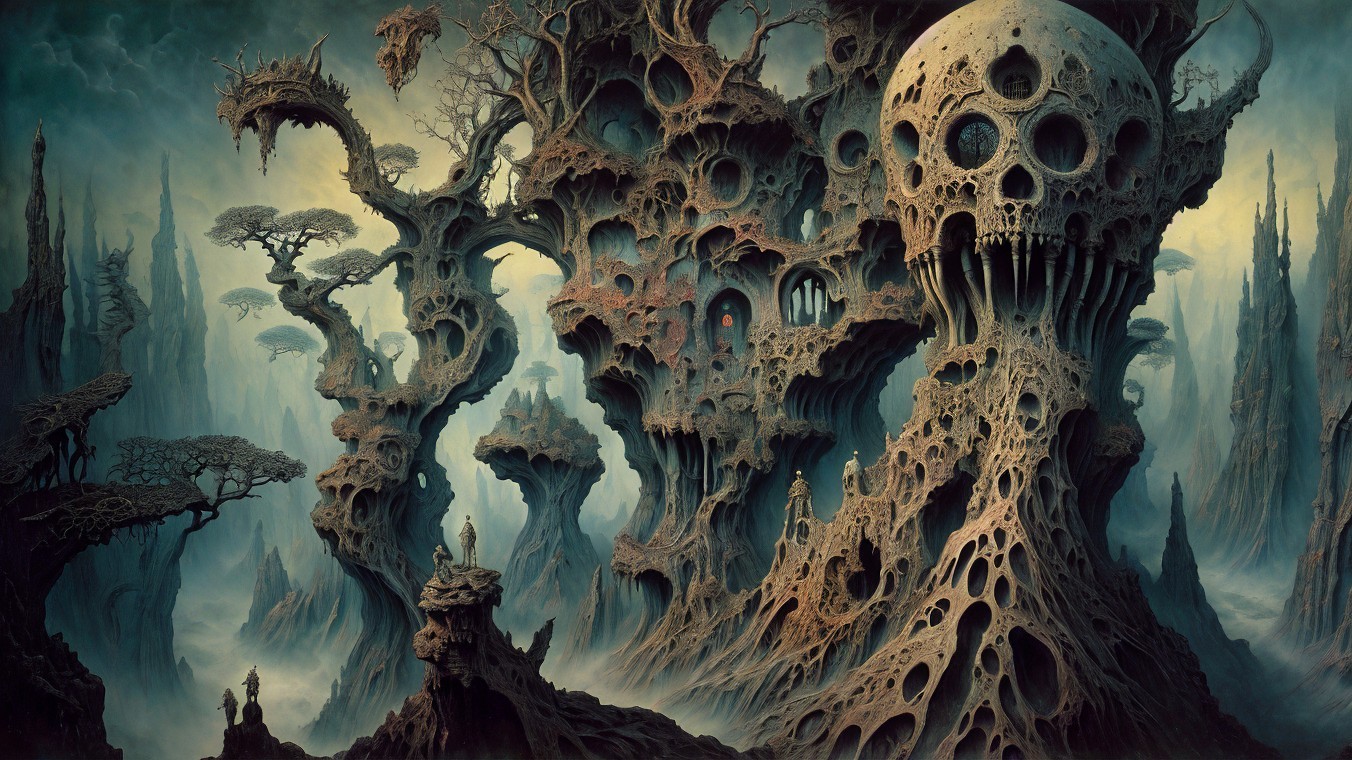 Surreal Landscape with Twisted Structures and Mist