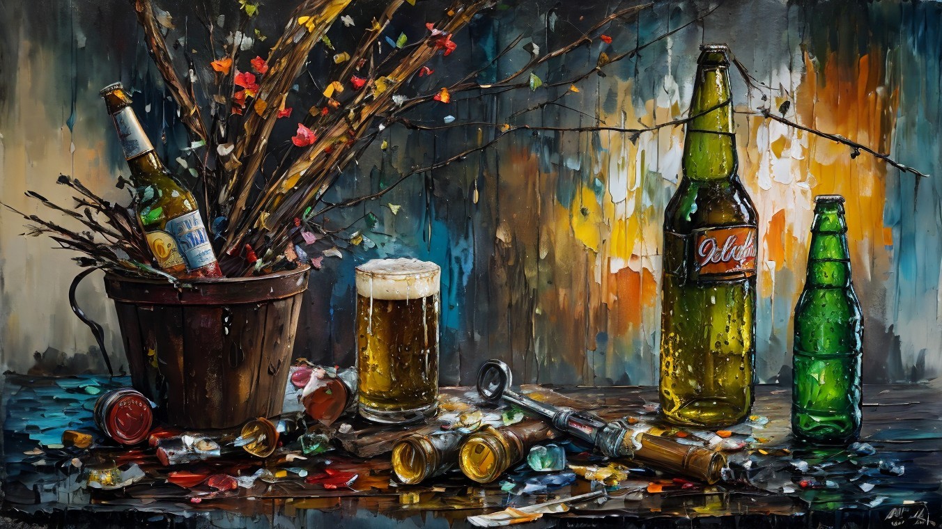 Lively Still Life of Beer Bottles and Leaves