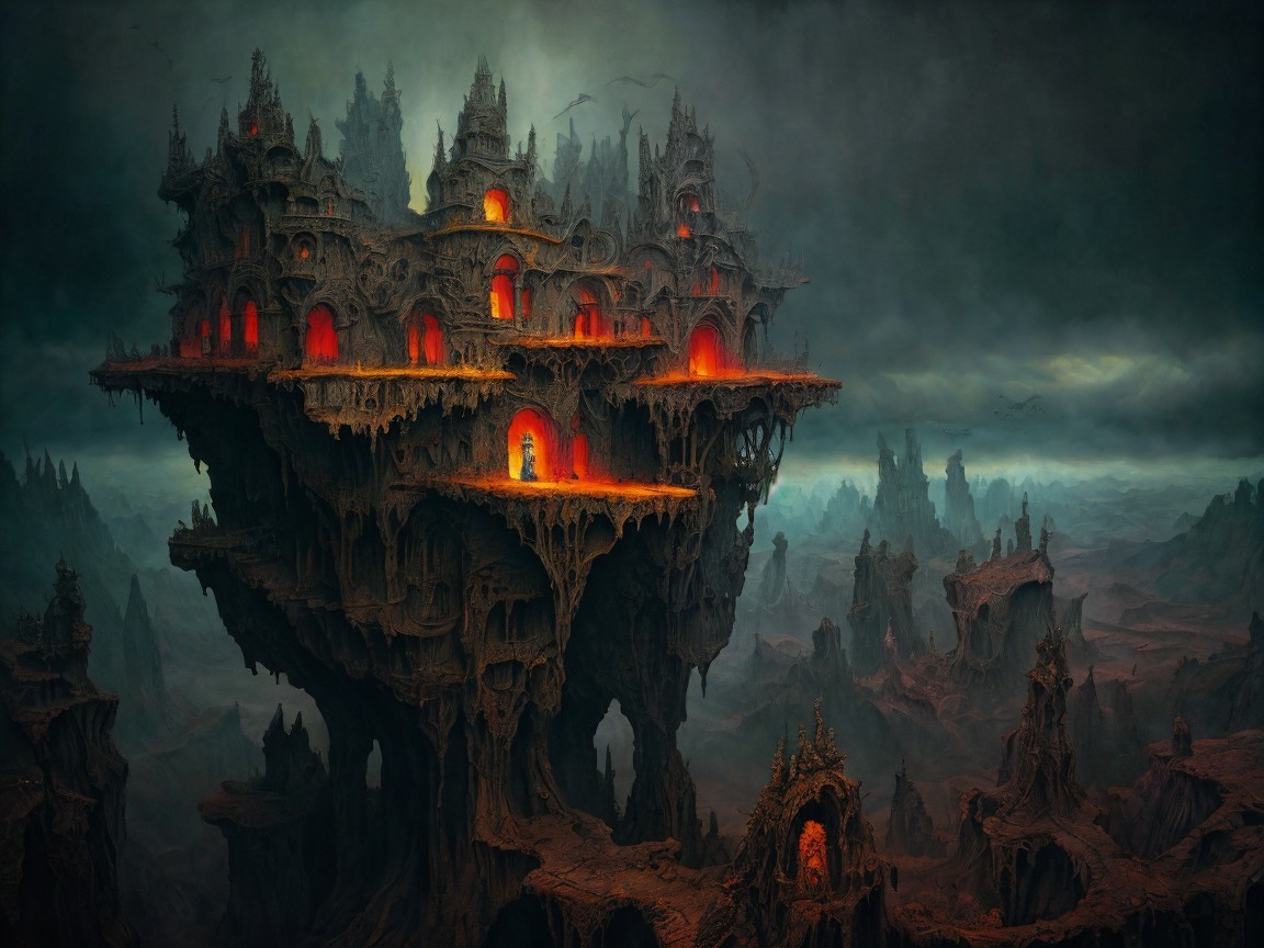 Twisted Fortress in a Haunting Stormy Landscape