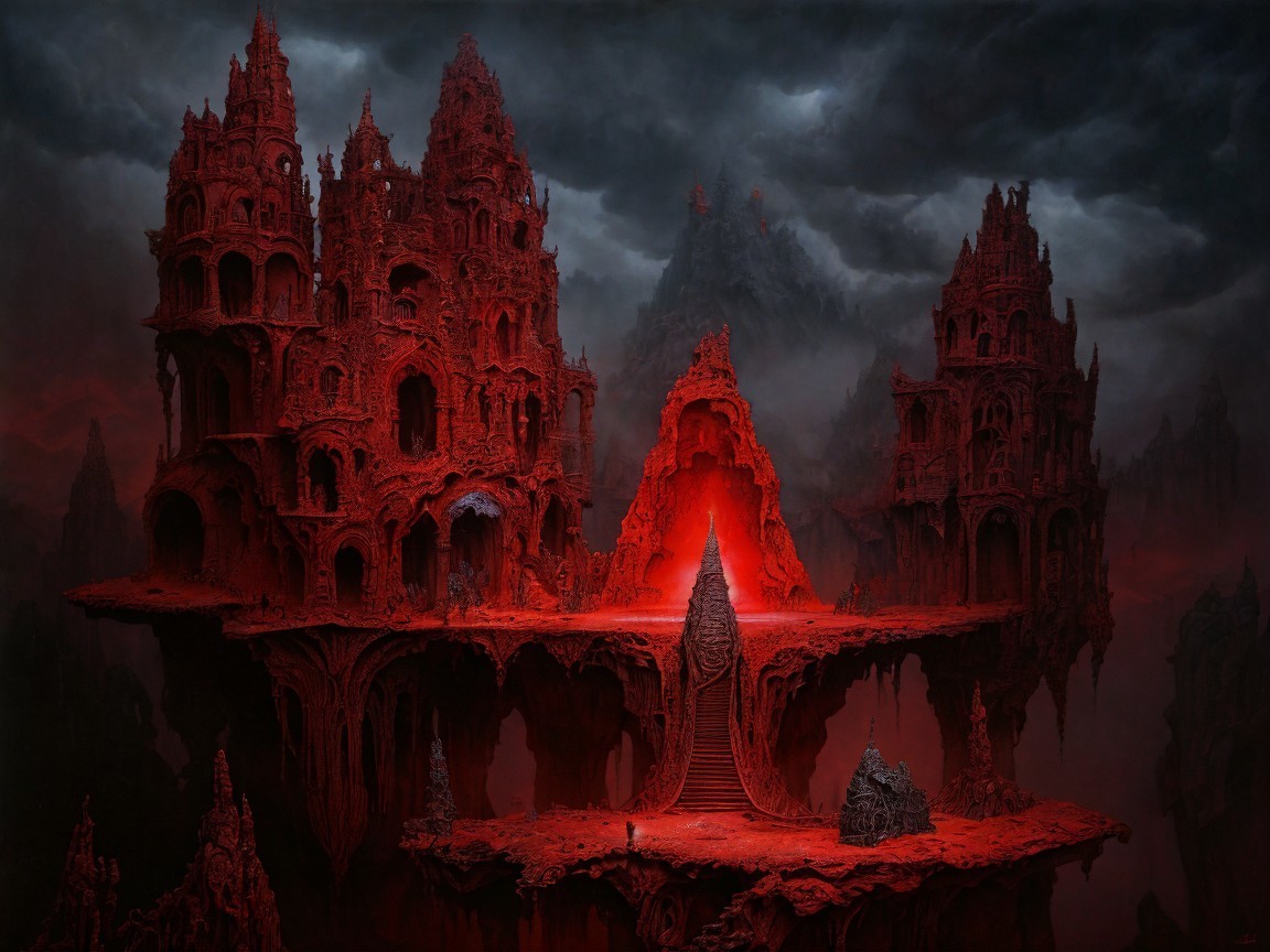 Surreal Gothic Landscape with Ominous Red Hues