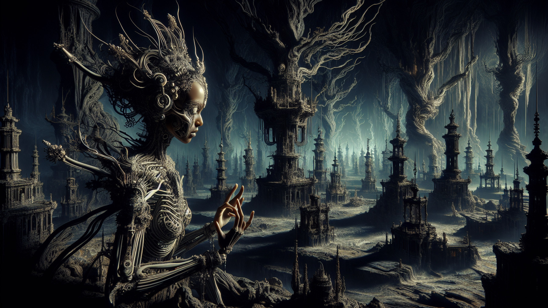 Surreal Dystopian Landscape with Humanoid Figure