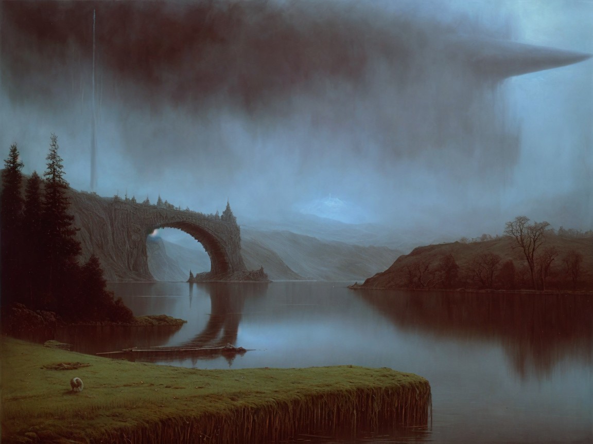 Surreal Landscape with Bridge and Misty Mountains