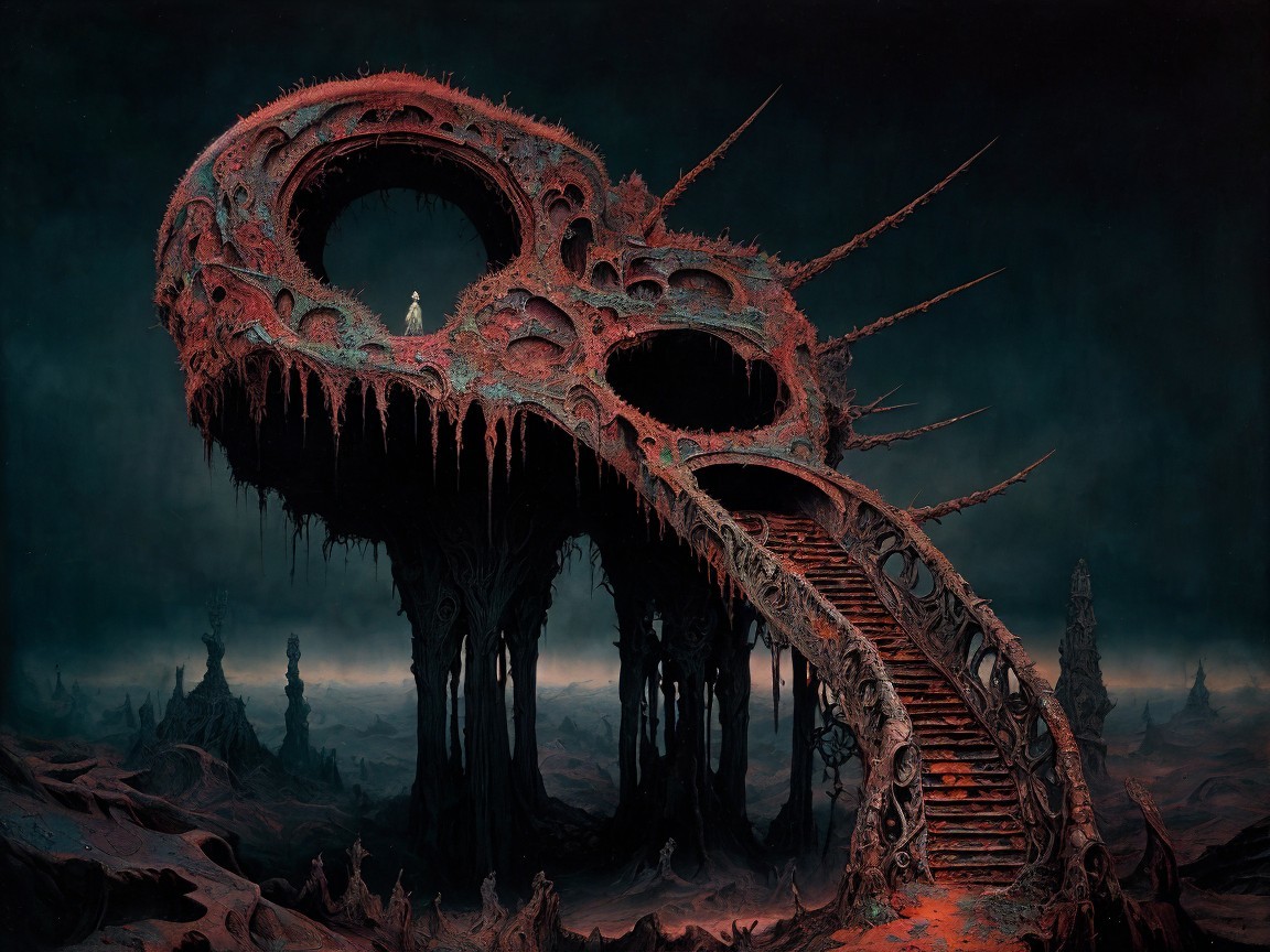 Surreal Landscape with Skull Structure and Figure in White