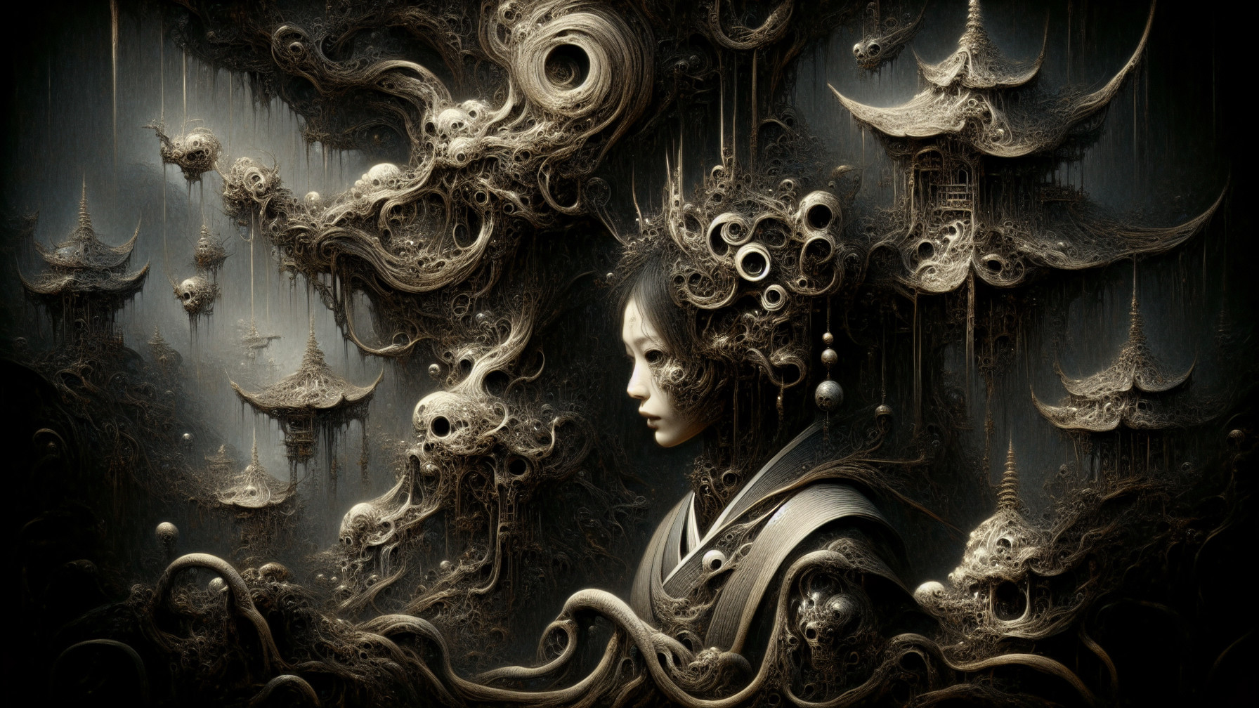 Surreal Scene of a Young Woman with Organic Forms