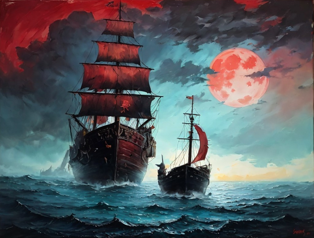 Two Ships in Tumultuous Waves Under Crimson Sky