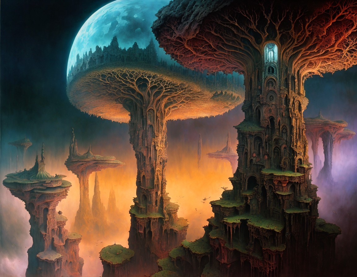 Surreal Landscape with Towering Mushroom Structures