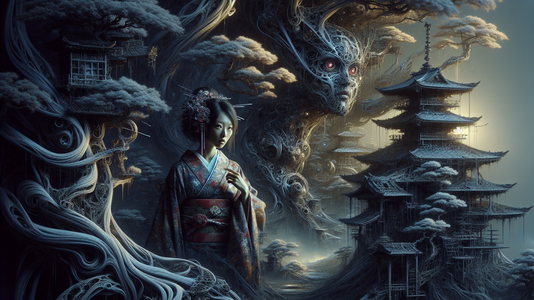 Surreal Digital Painting of a Woman in Kimono Landscape