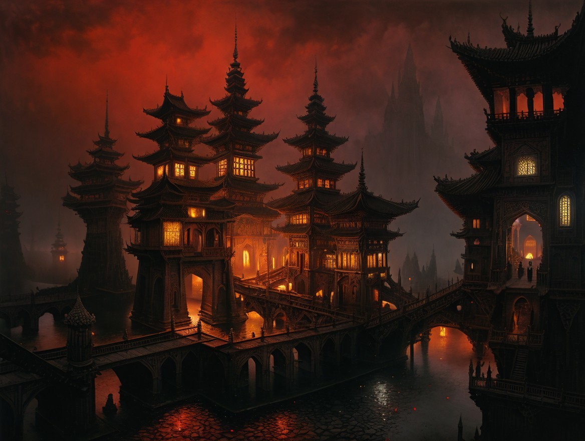 Mystical Landscape with Illuminated Pagodas and Bridges