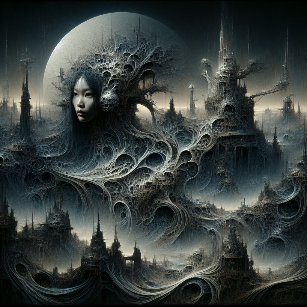 Surreal Dark Landscape with Organic Cityscape Elements
