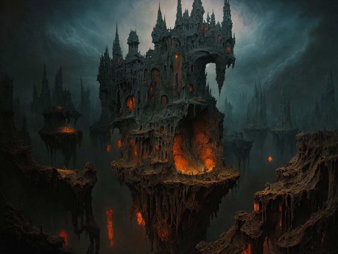 Gothic Castle in Eerie Misty Landscape with Shadows