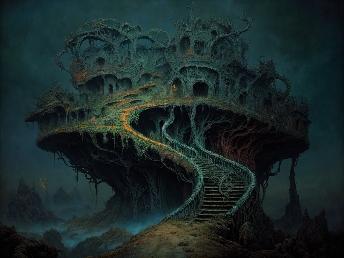 Surreal Landscape with Twisted Treehouse on Mountain