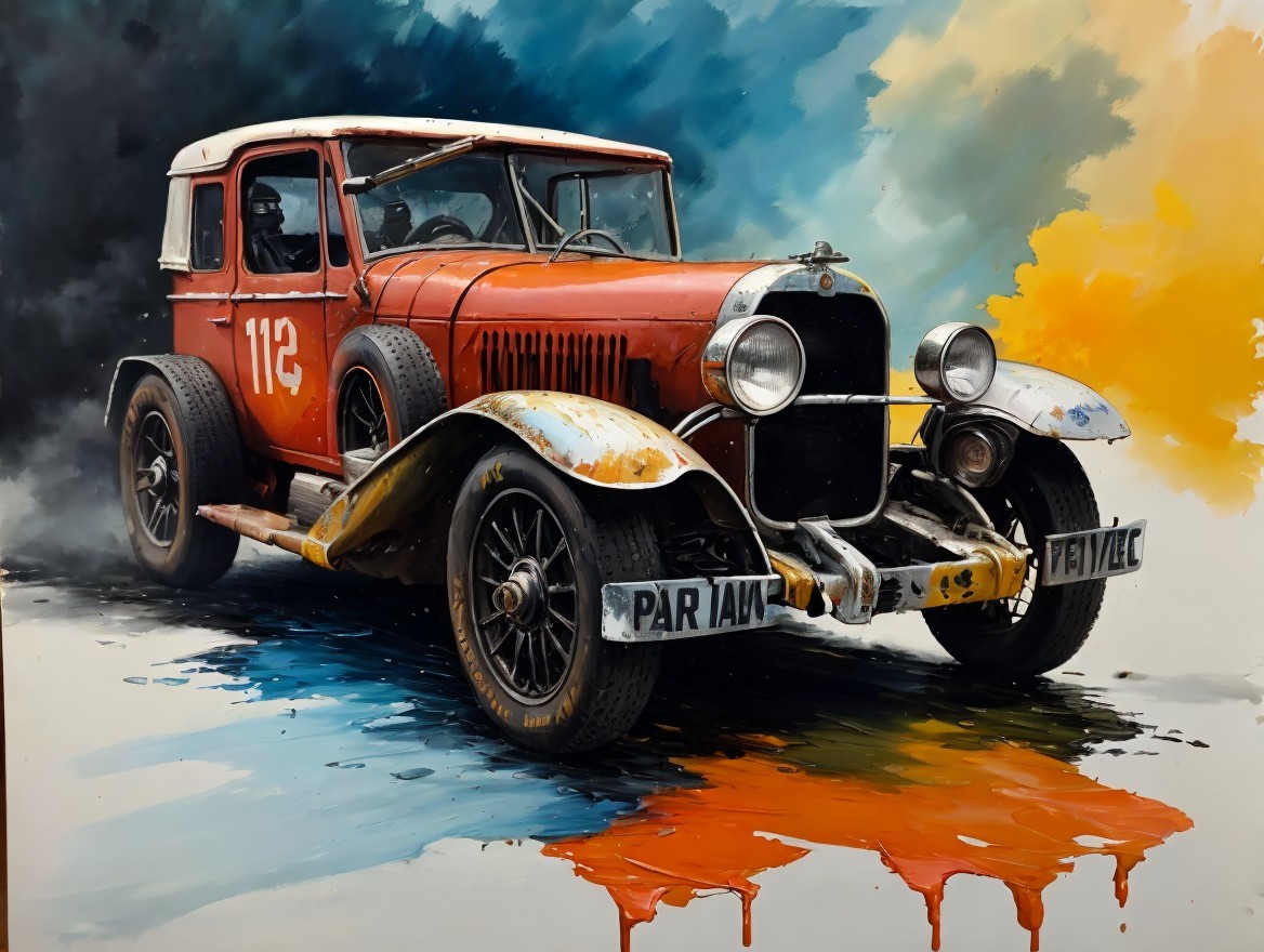 Vintage Race Car with Number 112 Against Colorful Backdrop