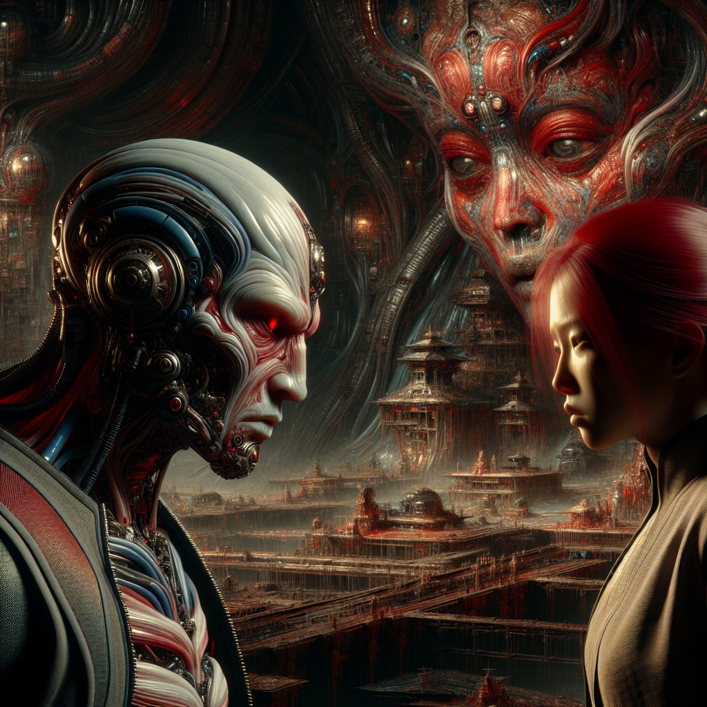 Futuristic Robot and Woman in Cybernetic Landscape