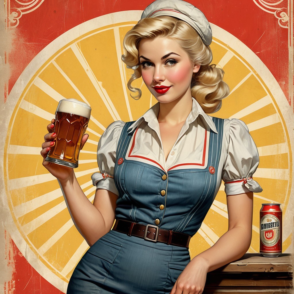 Vintage Illustration of Glamorous Beer Maid in Denim