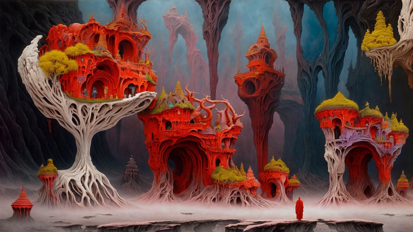 Surreal Landscape with Crimson Structures and Cloaked Figure