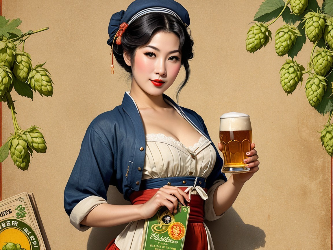 Vintage Woman with Beer in Classic Brewery Setting