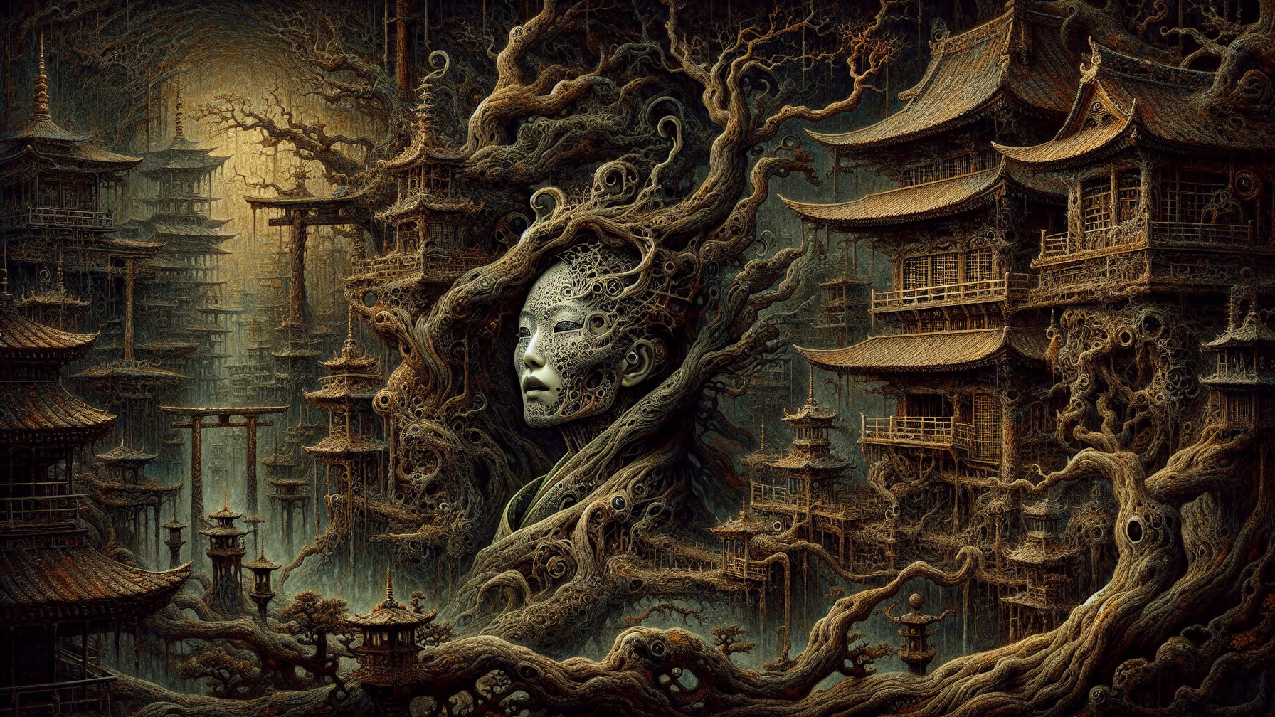 Surreal Landscape with Humanoid Figure and Ancient Structures