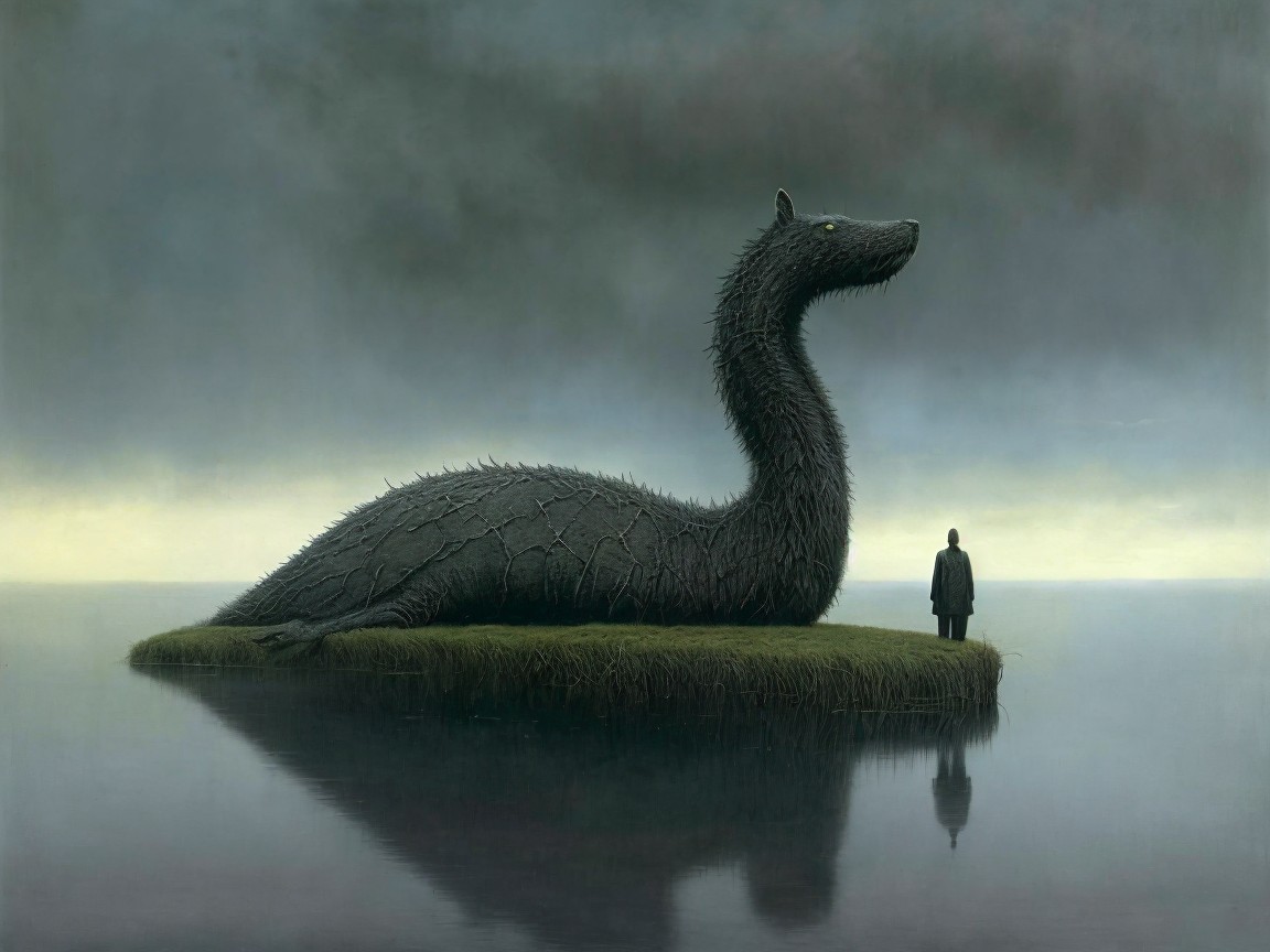 Misty Landscape with Colossal Dark Sea Serpent