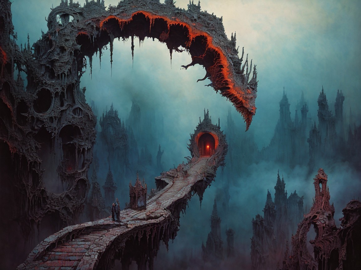 Surreal Landscape with Gothic Structures and Fog