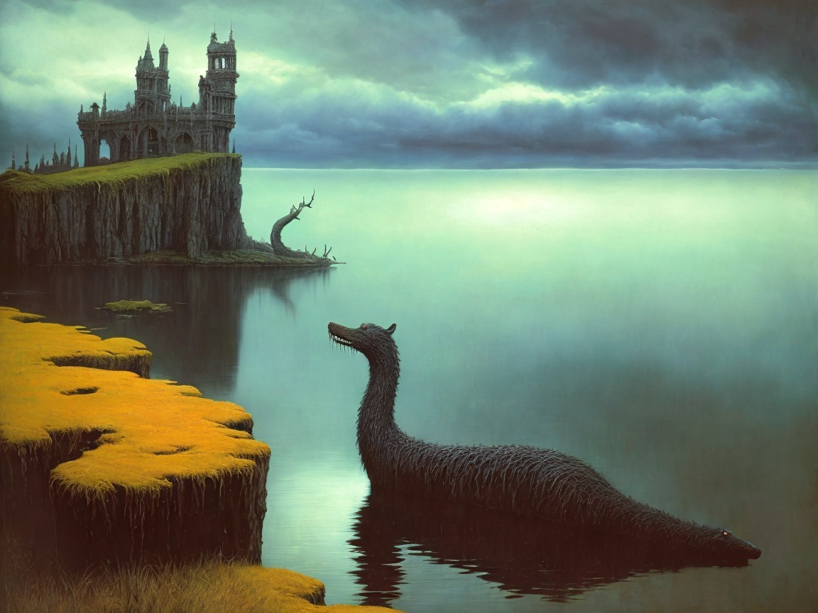 Dark Fantastical Landscape with Mysterious Creature