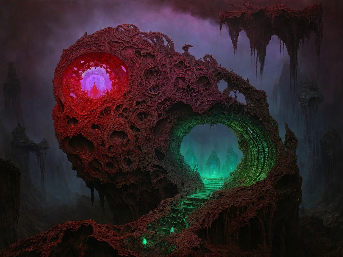 Surreal Landscape with Giant Skull Structure and Lights
