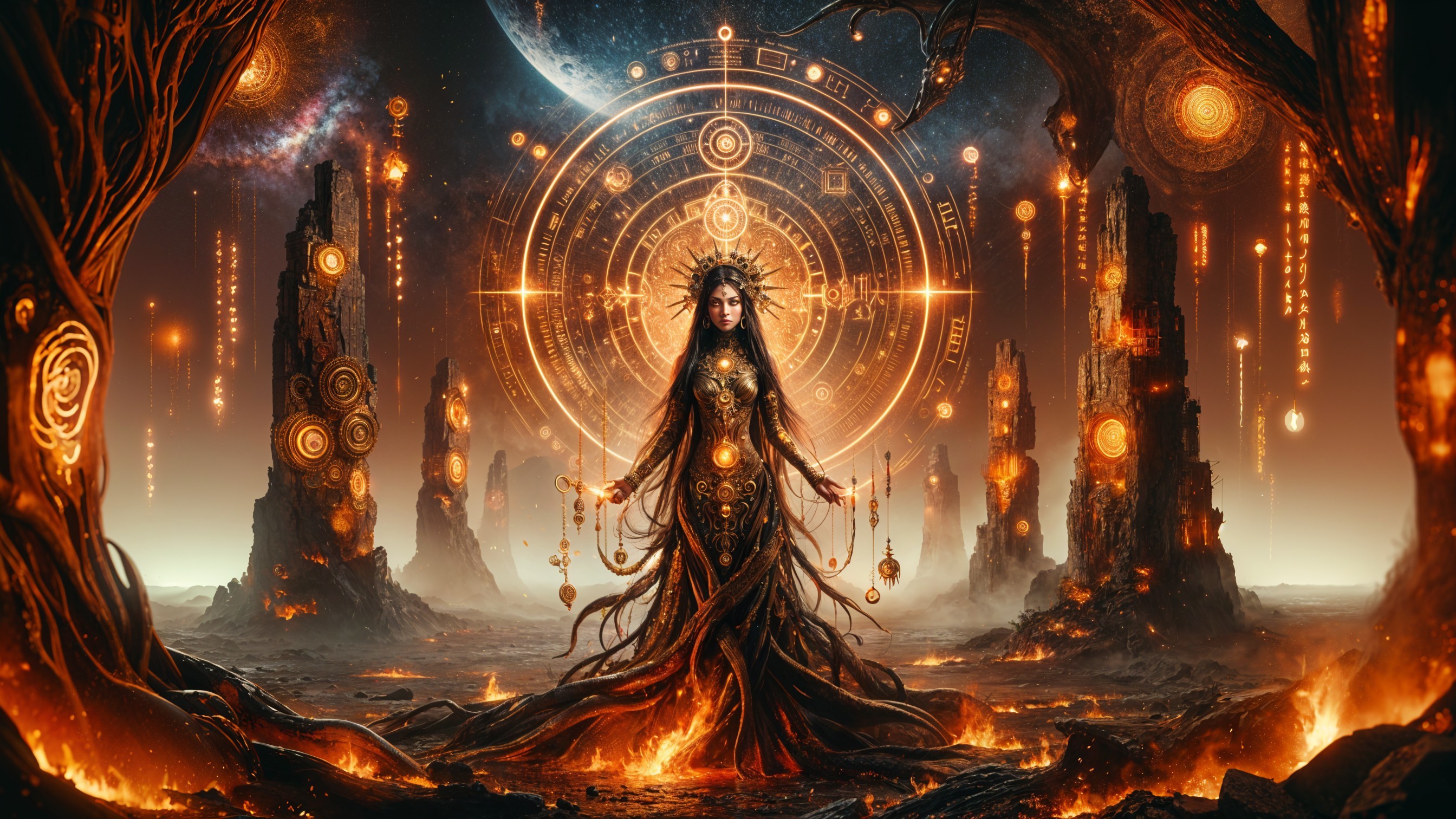 Mystical Figure in Ethereal Landscape with Cosmic Elements