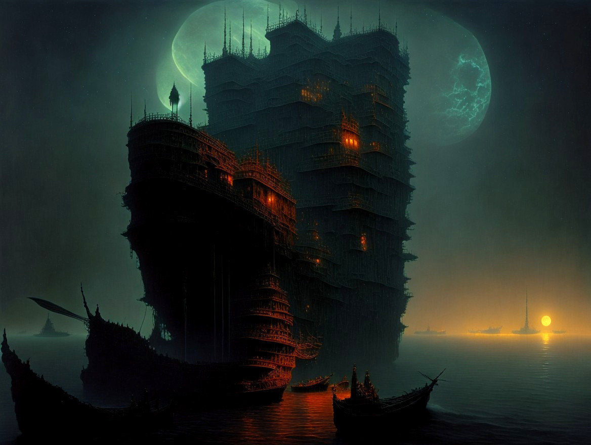 Surreal Twilight Scene with Colossal Ship Structure