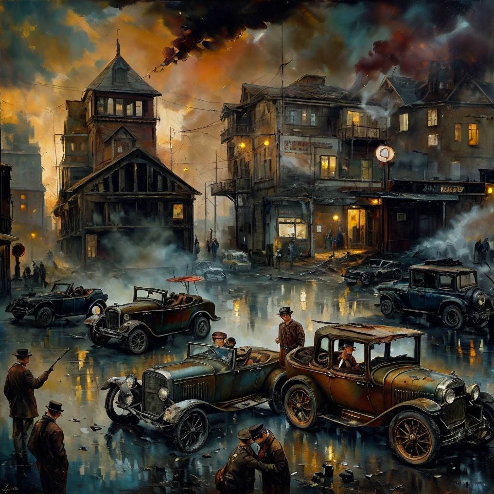 Vintage City Scene with Classic Cars and Rain Reflections