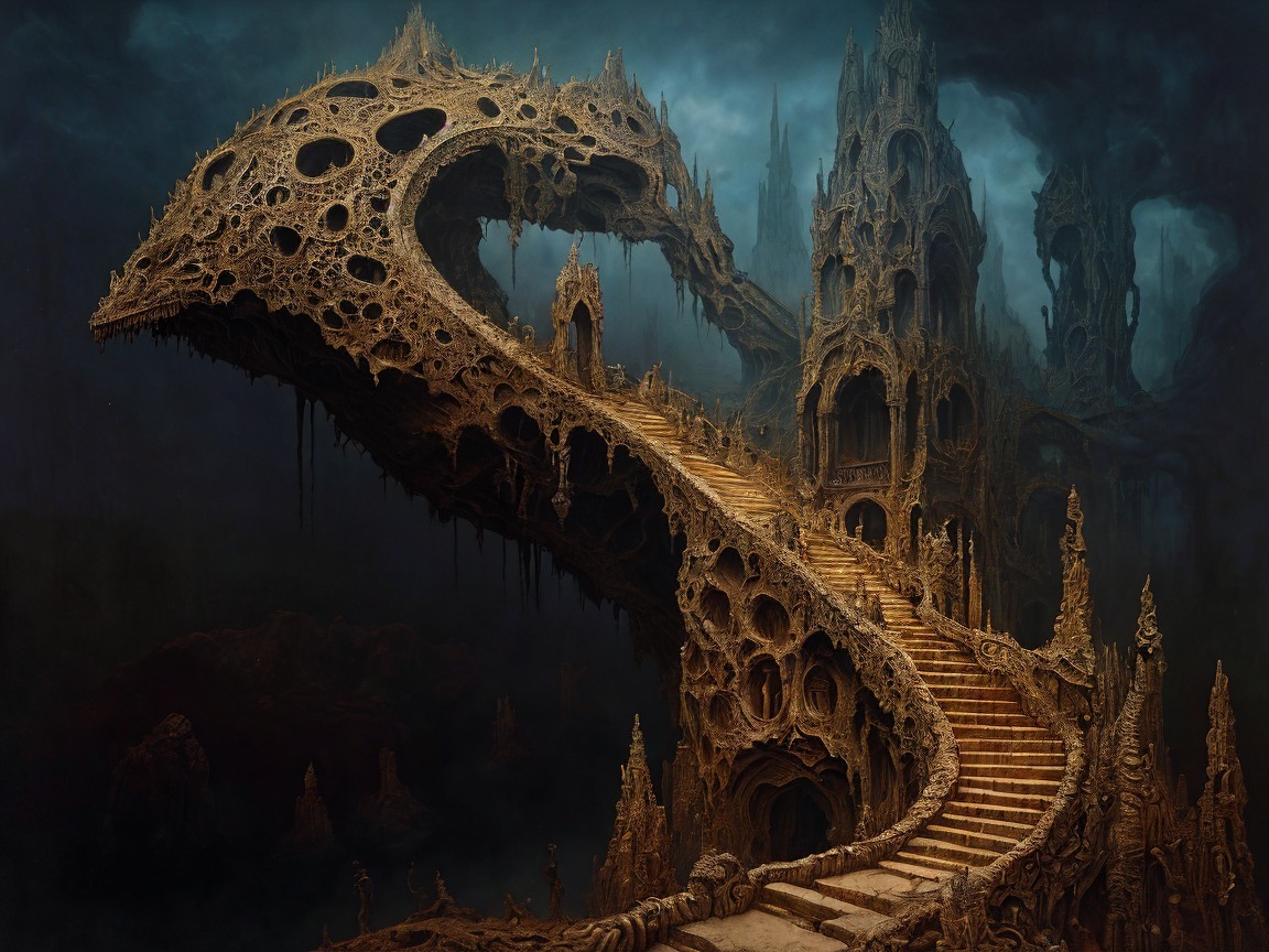 Surreal Landscape with Twisted Staircase and Skeleton Structure