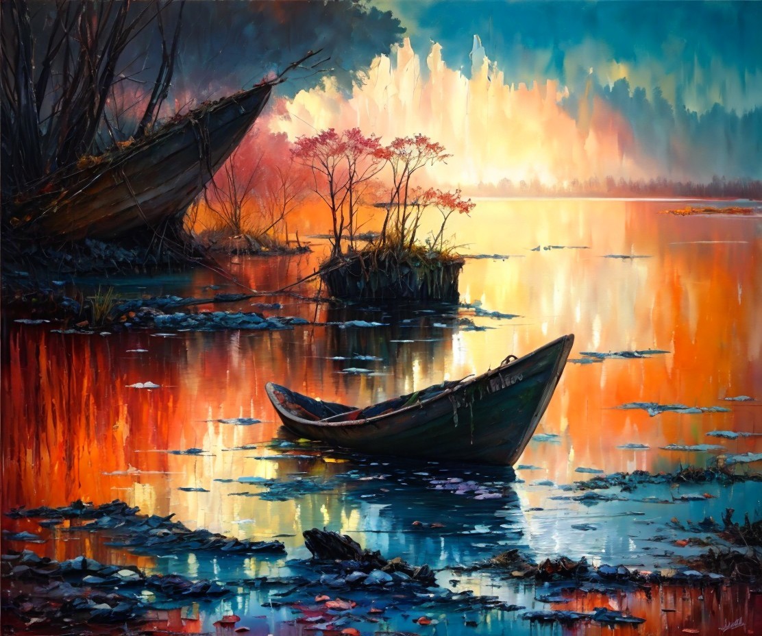 Tranquil Dusk Scene with Lake and Silhouetted Trees