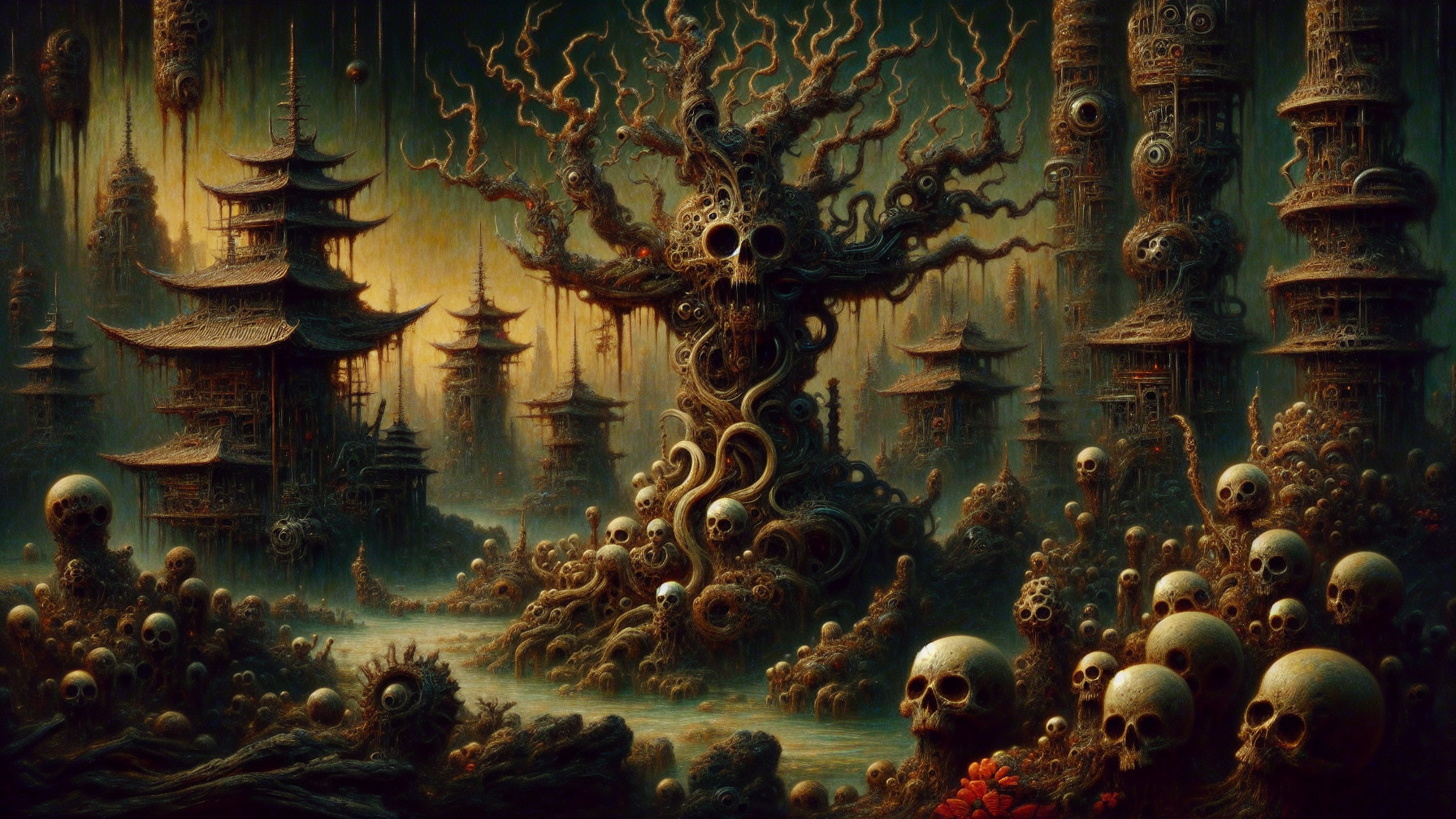 Surreal landscape with twisted trees and skulls