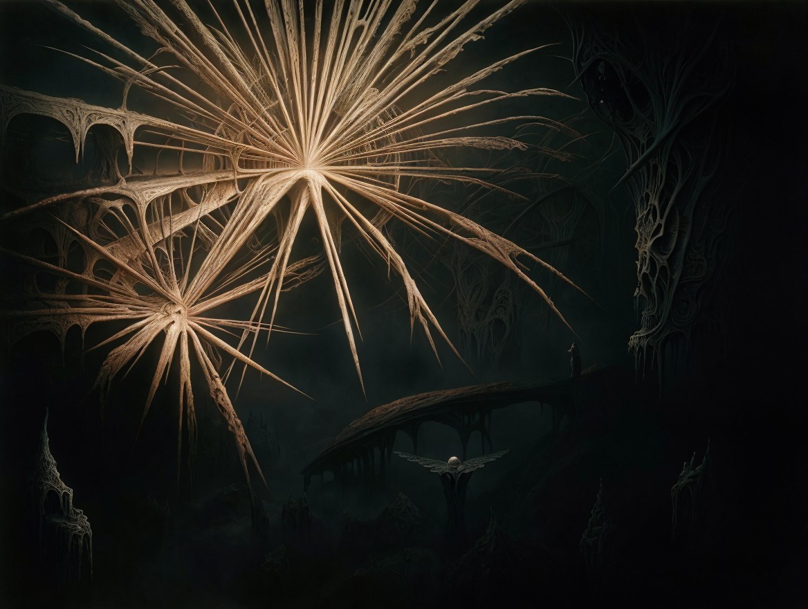 Surreal Landscape with Glowing Structures and Figure