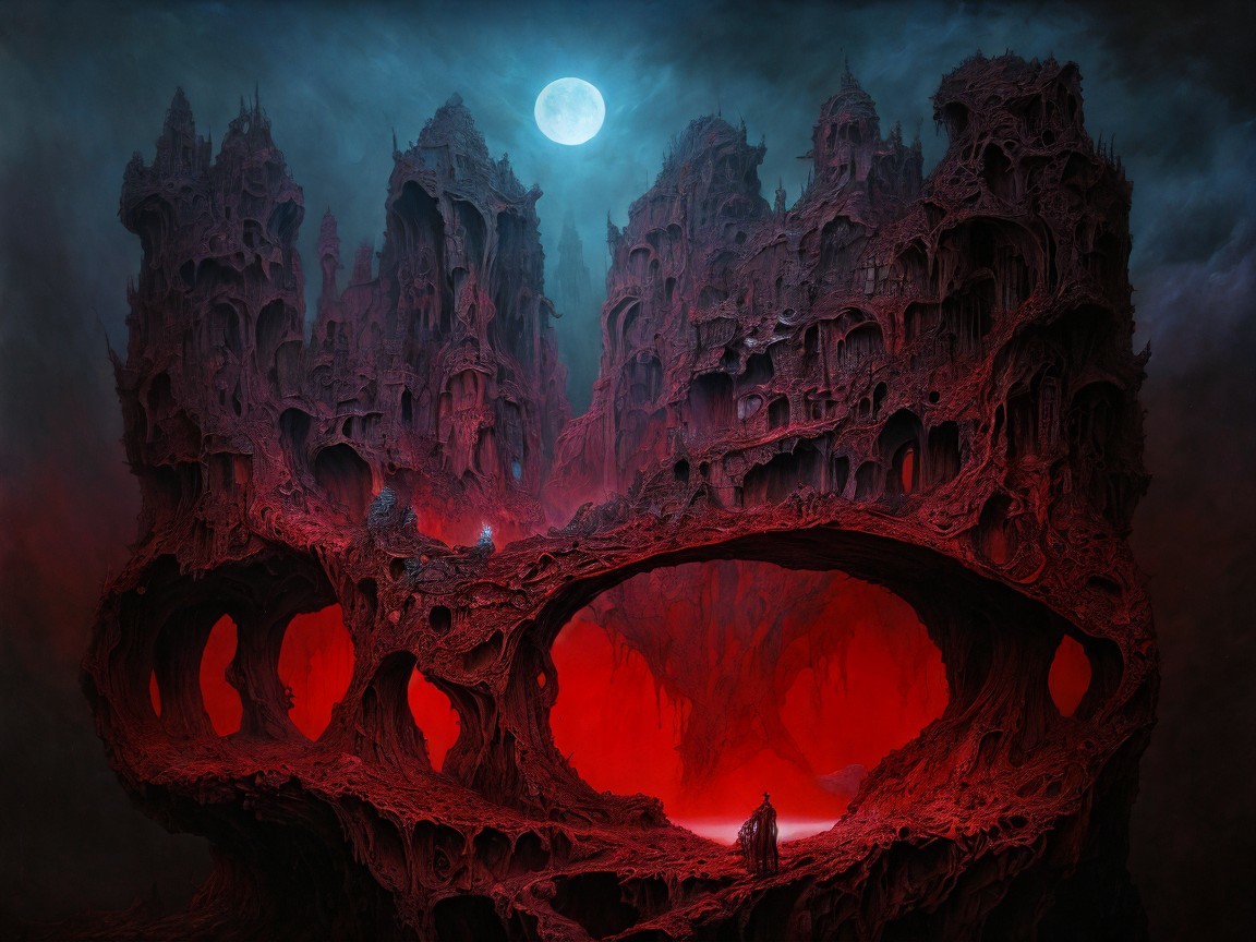 Haunting Landscape with Twisted Rock Formations and Moon