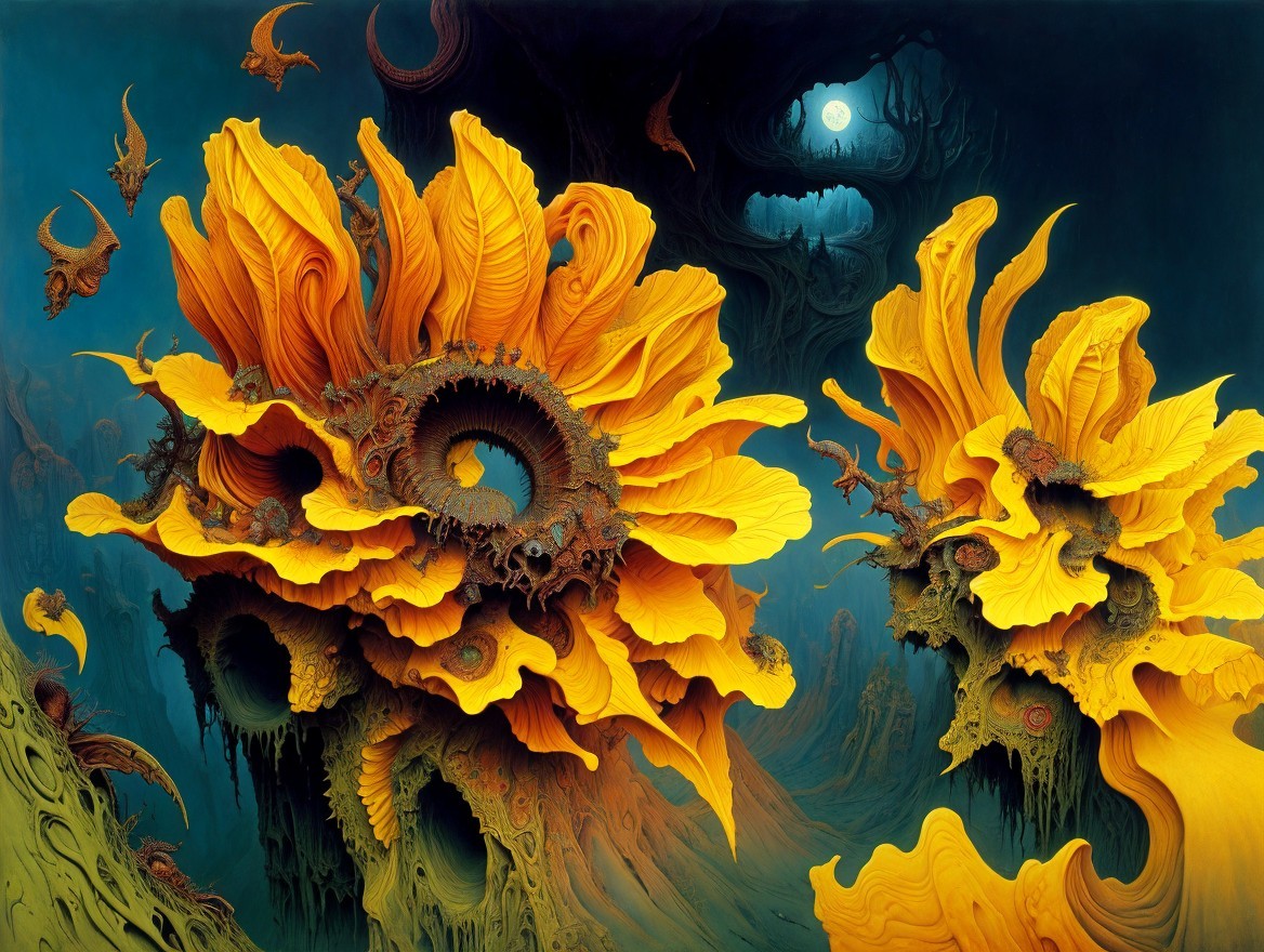 Surreal Landscape with Vibrant Yellow Flowers and Moon
