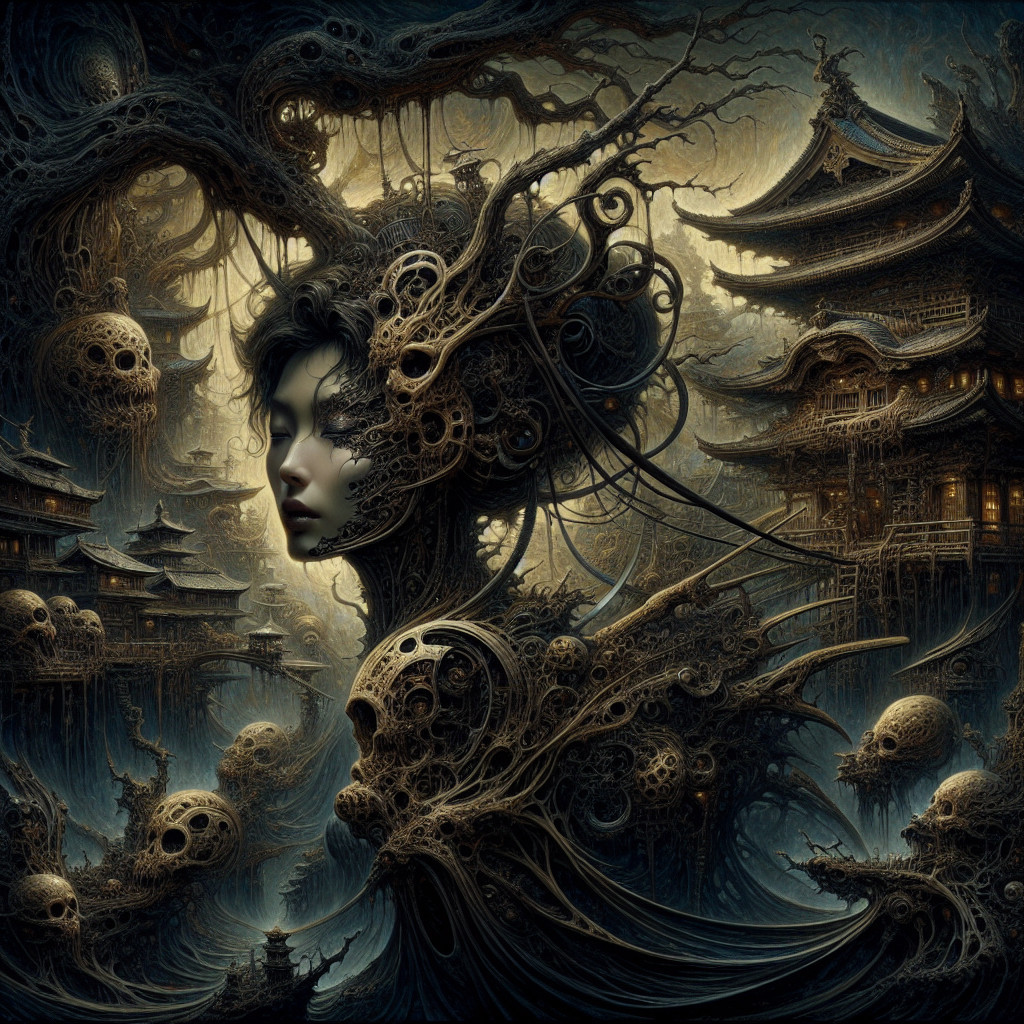 Surreal Woman Entwined with Organic Skeletal Forms