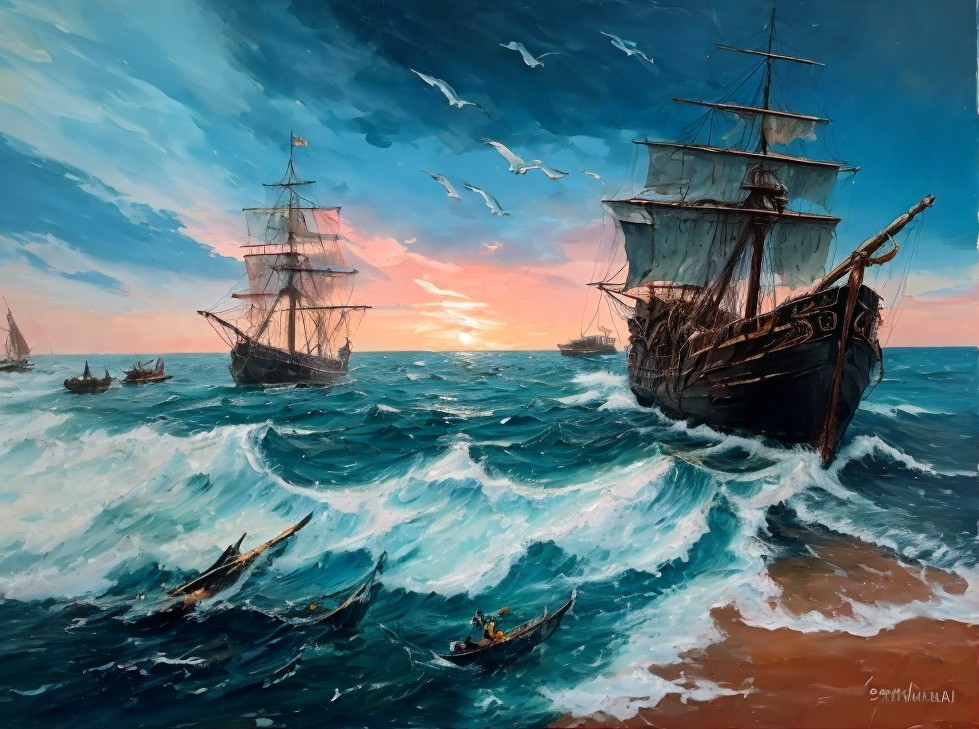 Dramatic Seascape with Tall Ships at Sunset