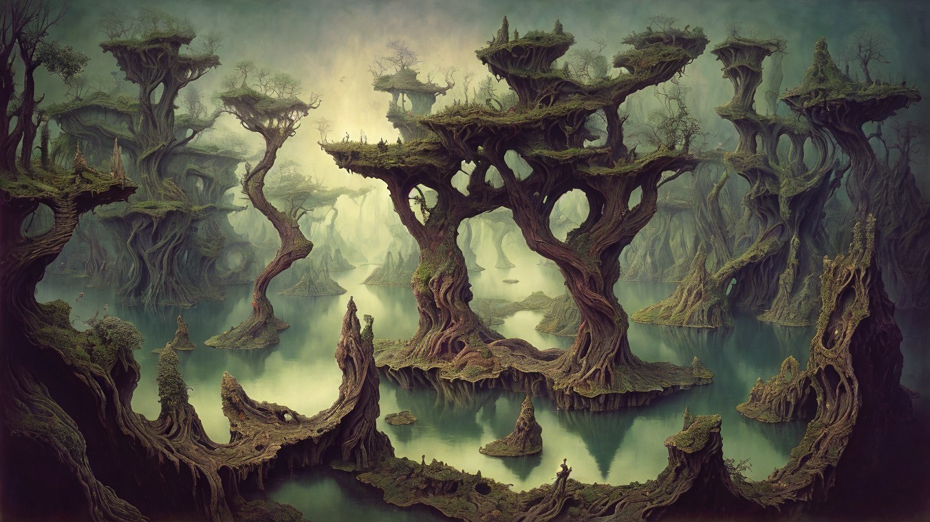 Surreal Dreamlike Landscape with Gnarled Trees and Mist