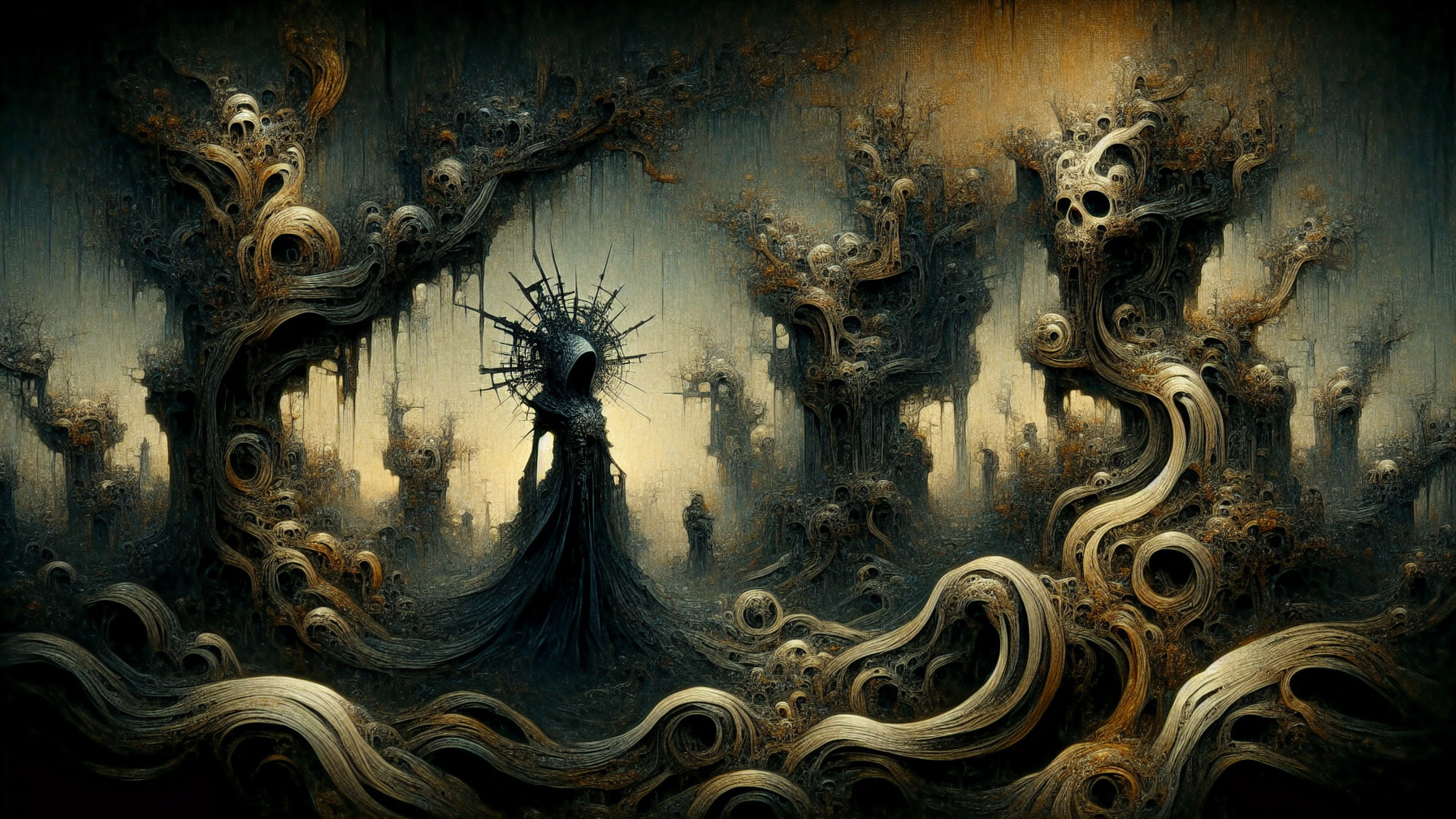 Surreal Landscape with Twisted Trees and Ghostly Figures