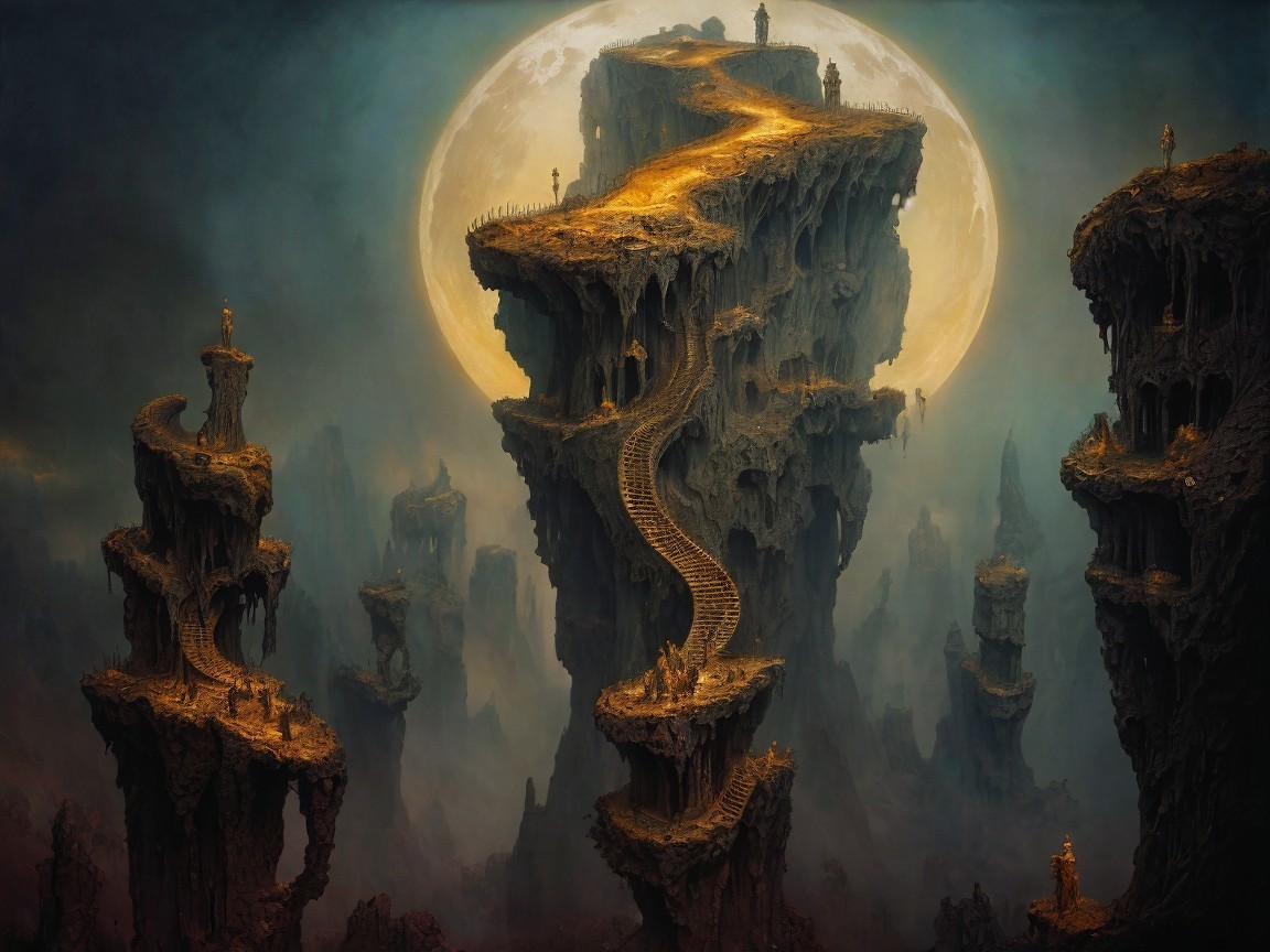 Surreal Landscape with Towering Rock Formations and Moon