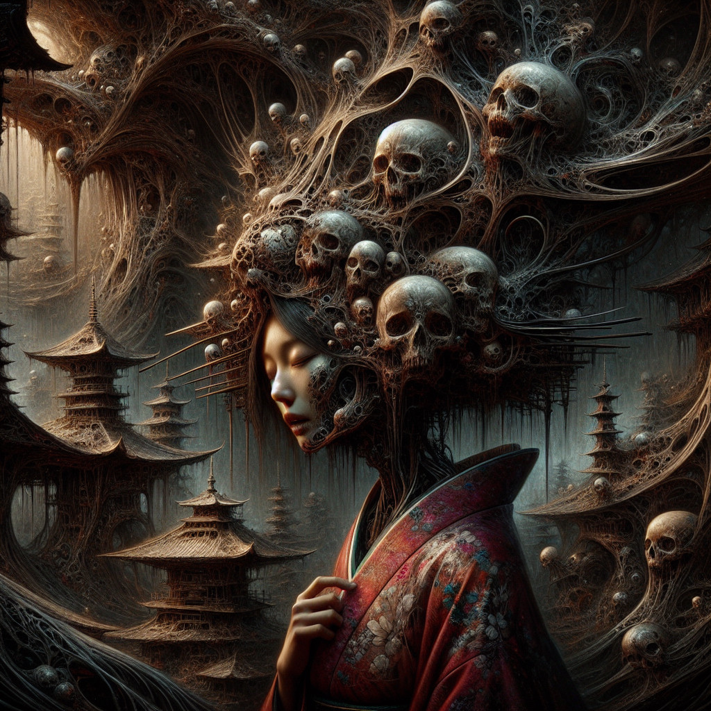 Surreal Landscape with Woman in Kimono and Skulls