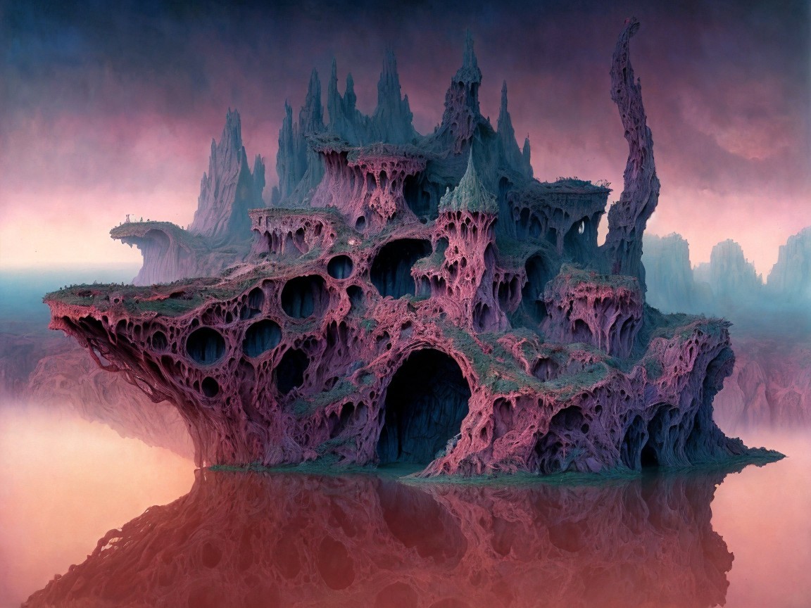Surreal Landscape with Vibrant Rock Formation and Reflection