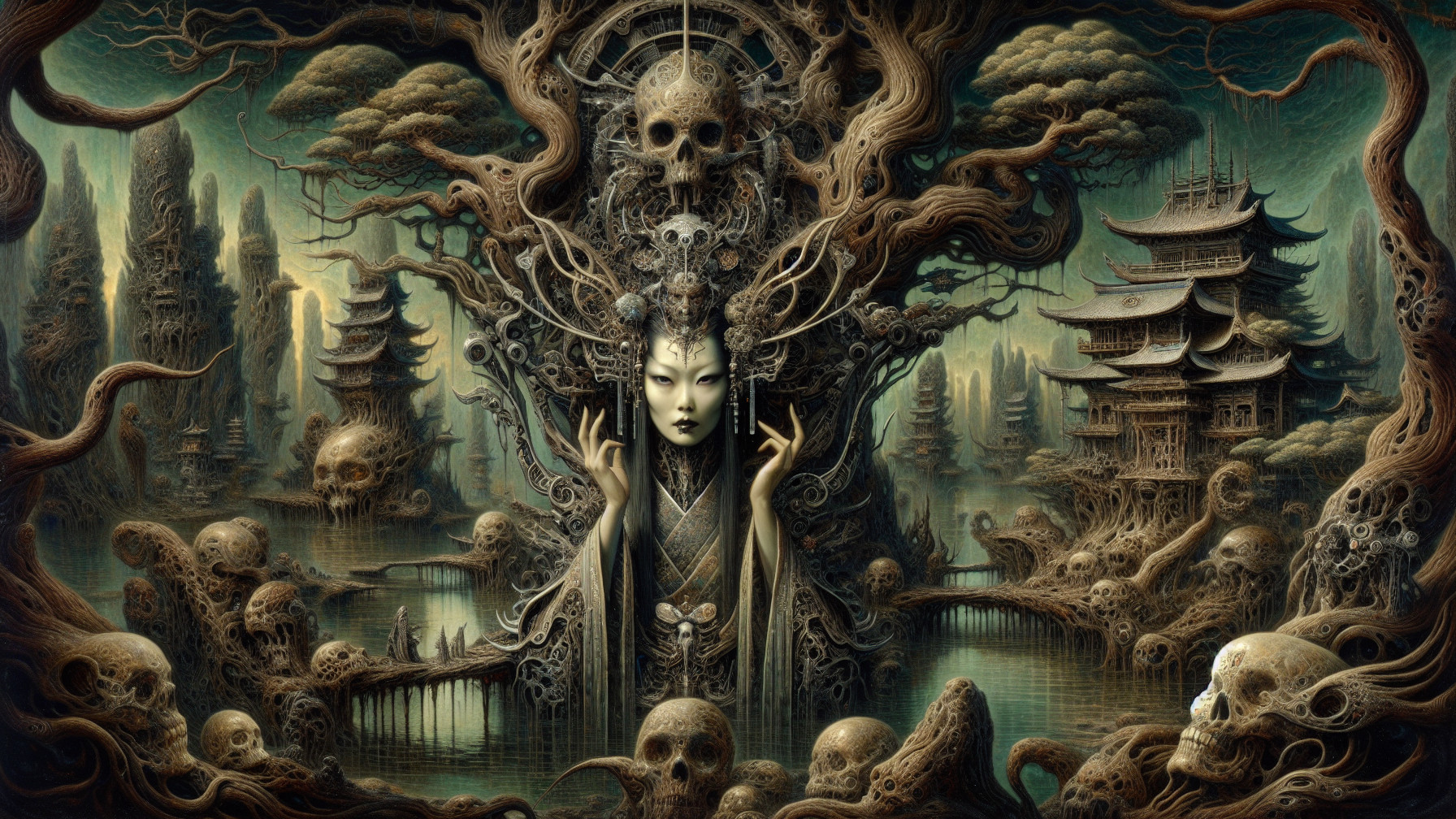 Surreal Landscape with Ghostly Figure and Eerie Elements